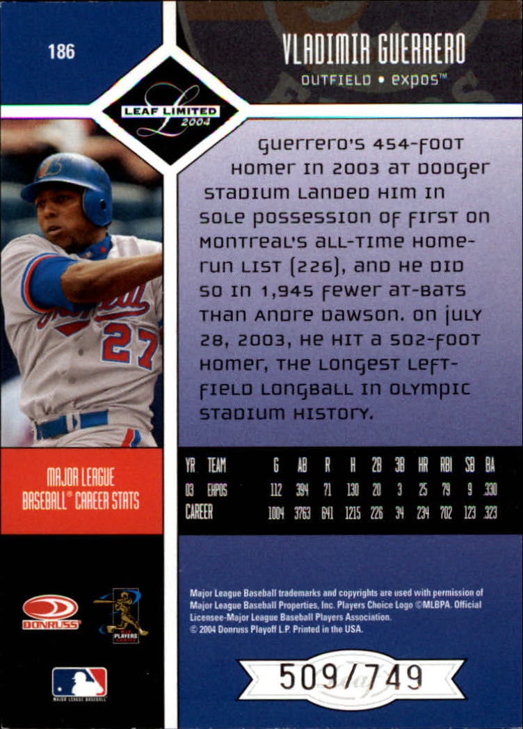 2004 Leaf Limited #186 Vladimir Guerrero Expos back image