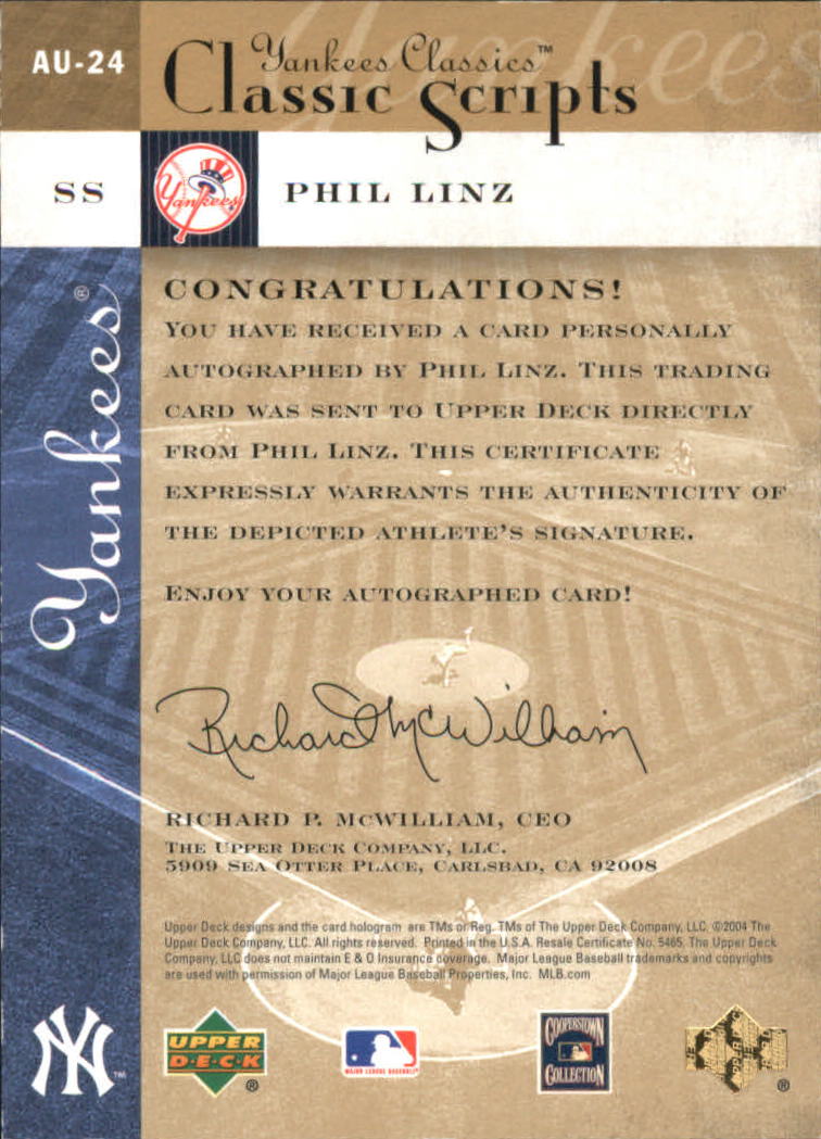 2004 UD Yankees Classics Scripts #24 Phil Linz back image