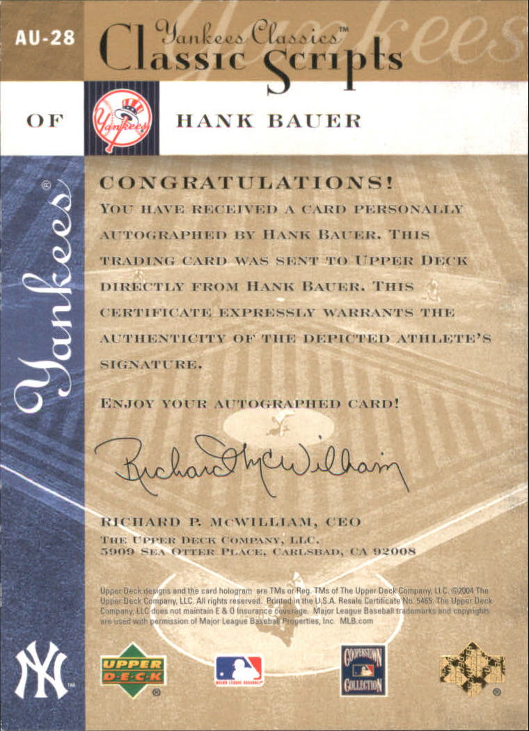 2004 UD Yankees Classics Scripts #28 Hank Bauer back image