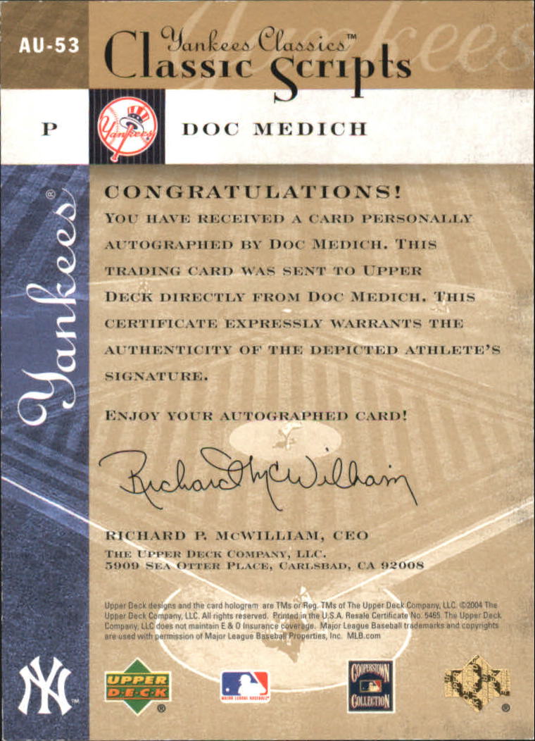 2004 UD Yankees Classics Scripts #53 Doc Medich back image