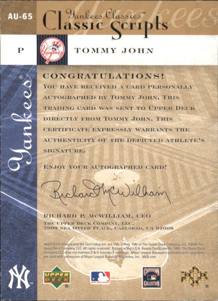 2004 UD Yankees Classics Scripts #65 Tommy John back image