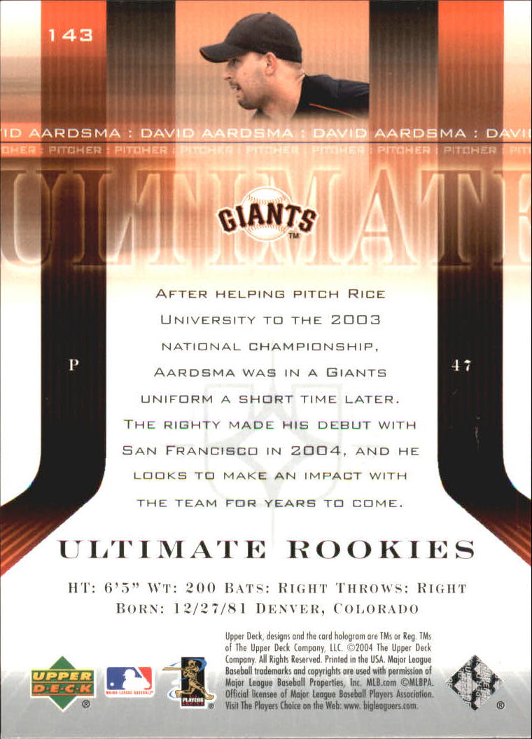 2004 Ultimate Collection #143 David Aardsma UR T1 RC back image