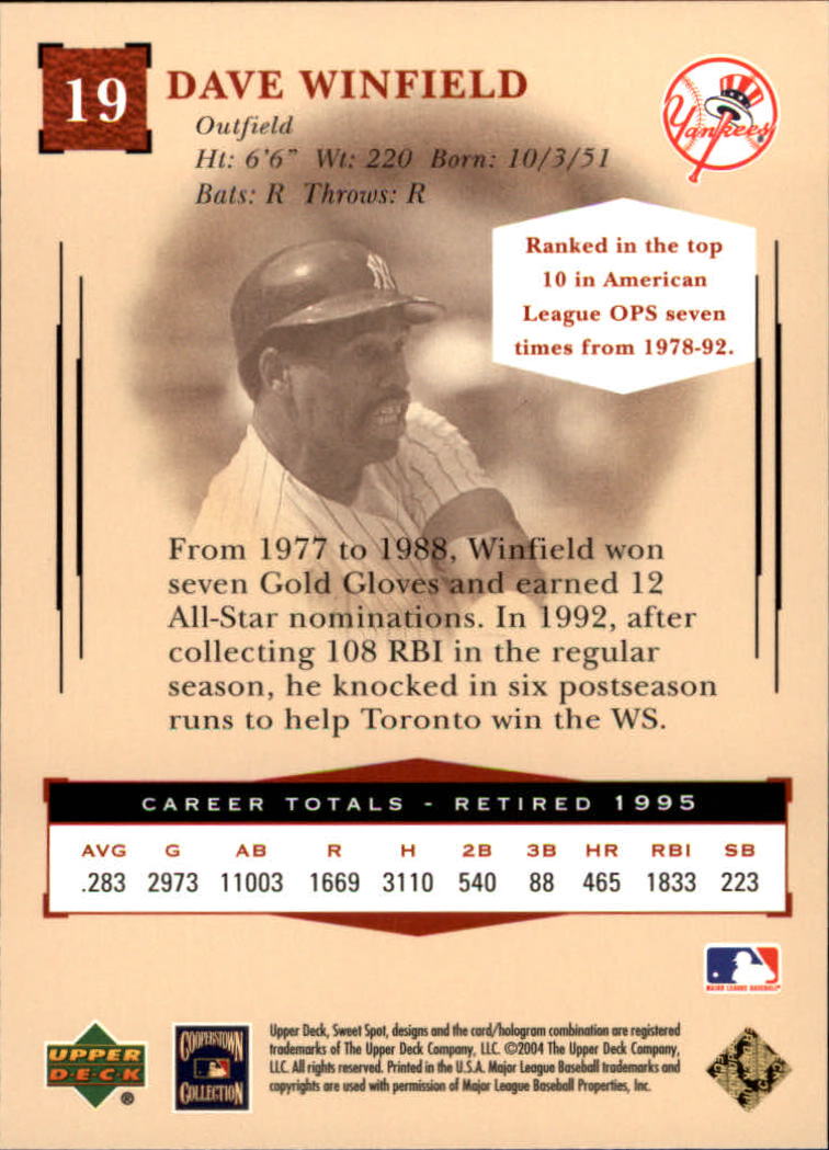 2004 Sweet Spot Classic #19 Dave Winfield back image