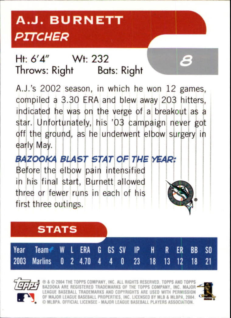 2004 Bazooka #8 A.J. Burnett back image