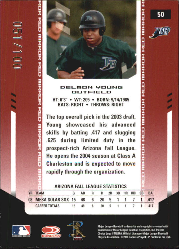 2004 Leaf Certified Materials Mirror Red #50 Delmon Young back image