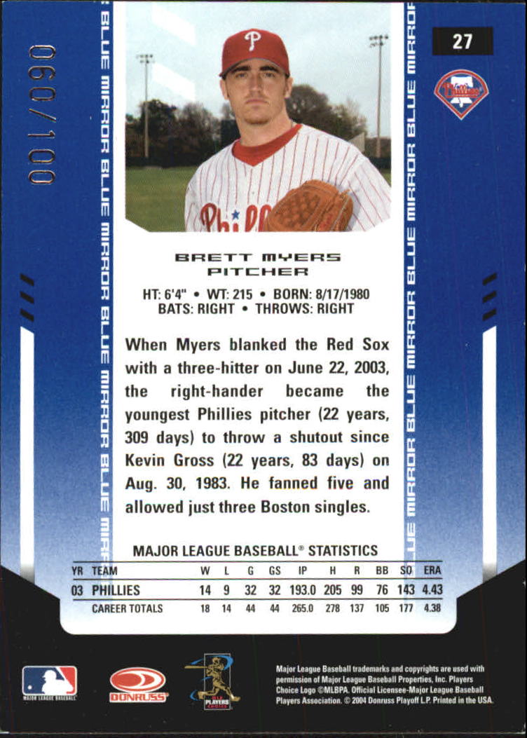 2004 Leaf Certified Materials Mirror Autograph Blue #27 Brett Myers/100 back image