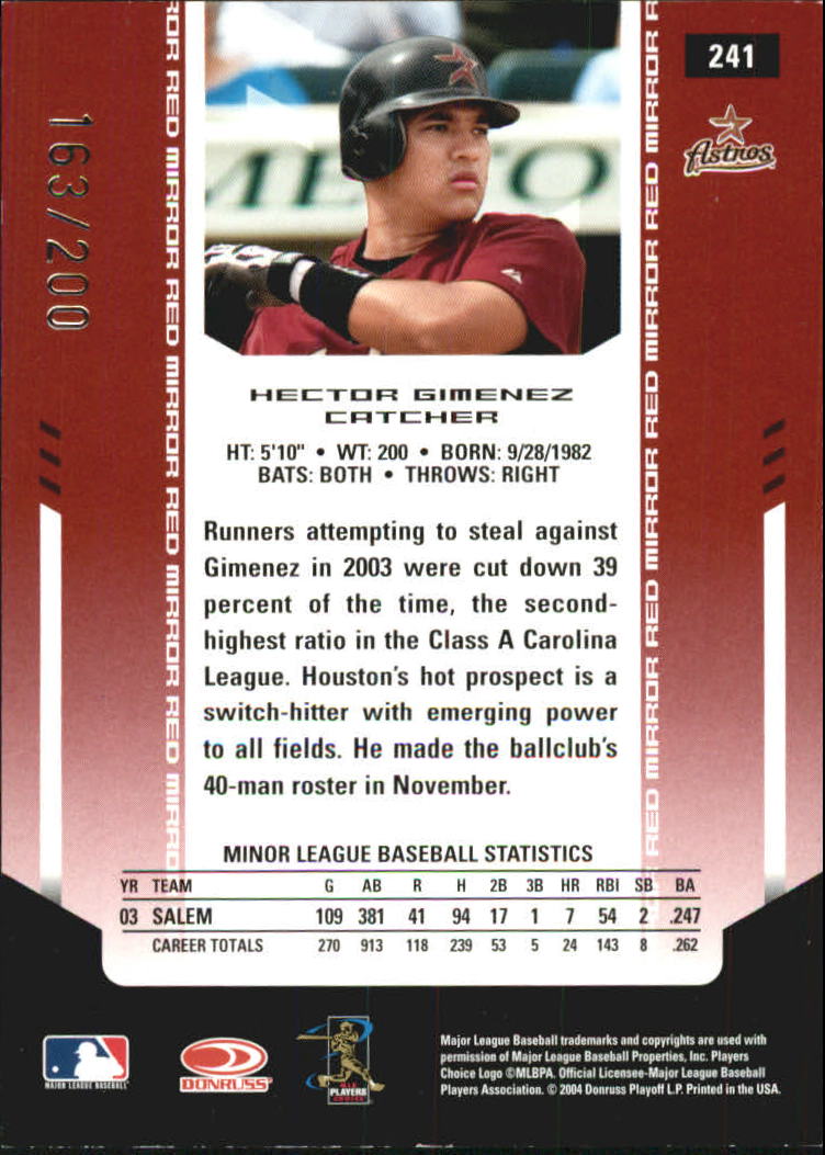 2004 Leaf Certified Materials Mirror Autograph Red #241 Hector Gimenez NG/200 back image