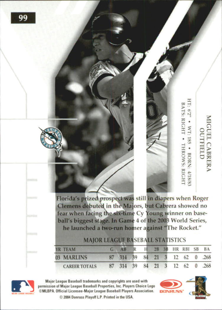 2004 Donruss Elite Turn of the Century #99 Miguel Cabrera back image