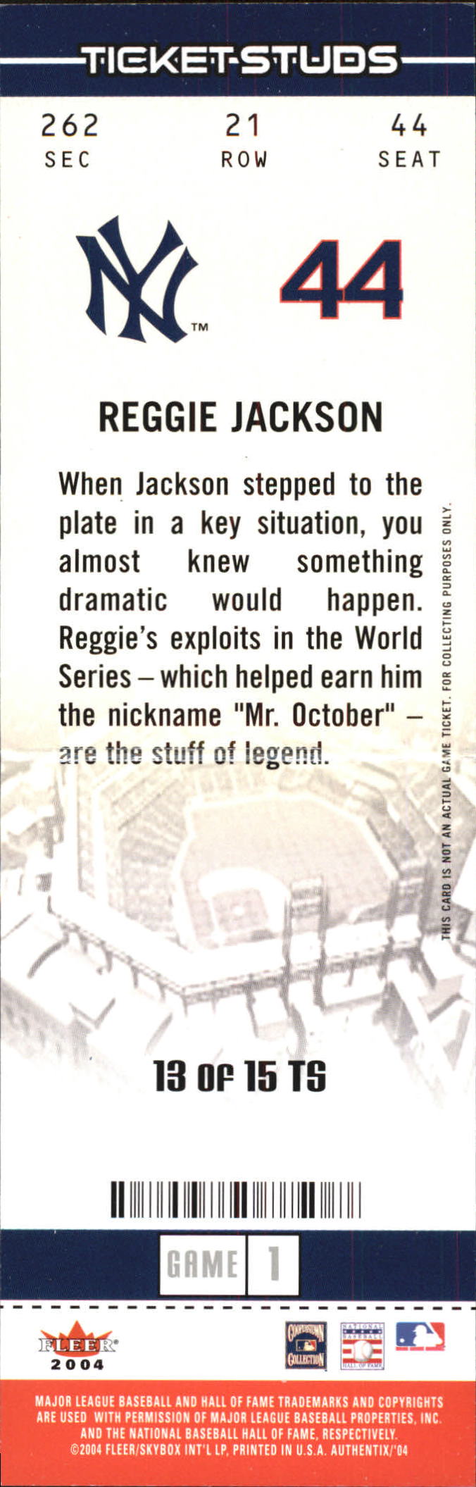 2004 Fleer Authentix Ticket Studs #13 Reggie Jackson back image