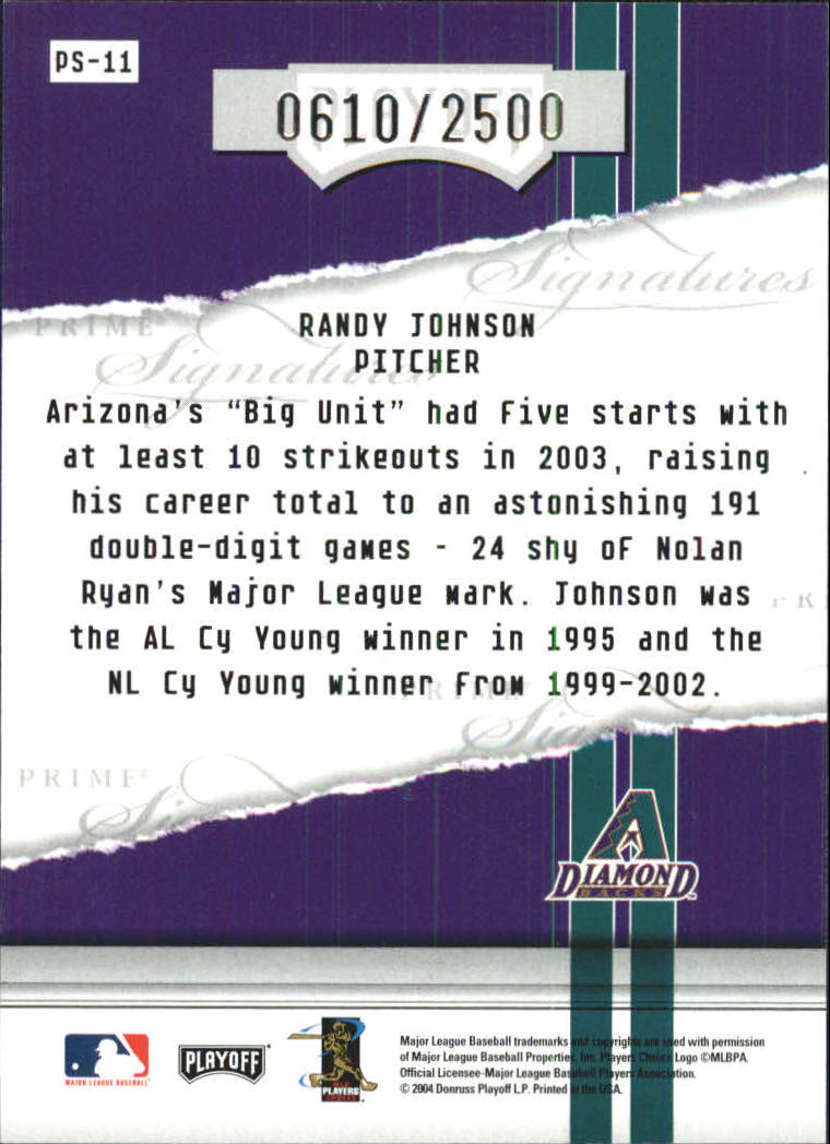 2004 Playoff Honors Prime Signature Insert #11 Randy Johnson back image