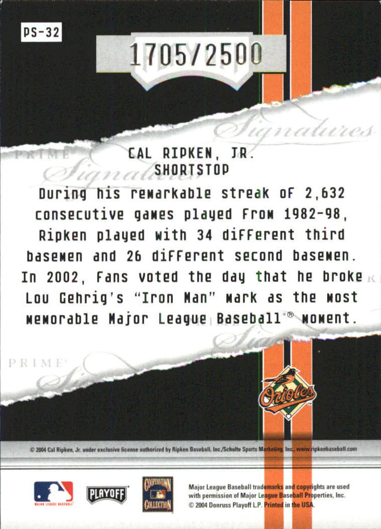 2004 Playoff Honors Prime Signature Insert #32 Cal Ripken back image
