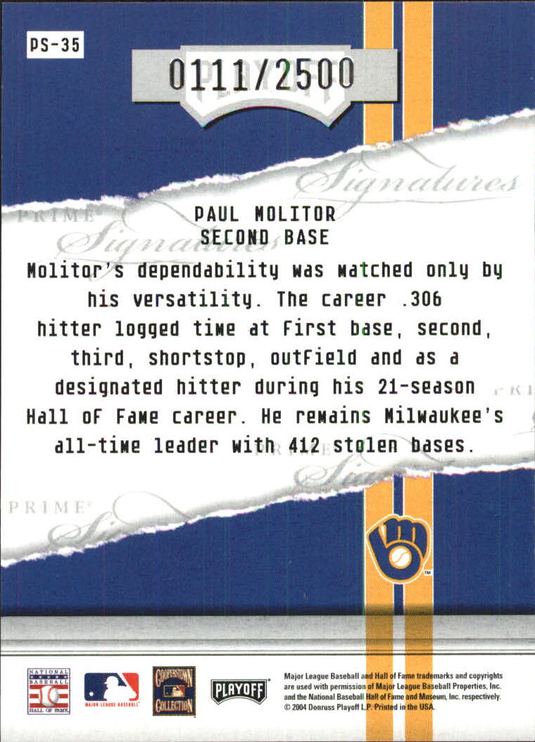 2004 Playoff Honors Prime Signature Insert #35 Paul Molitor back image