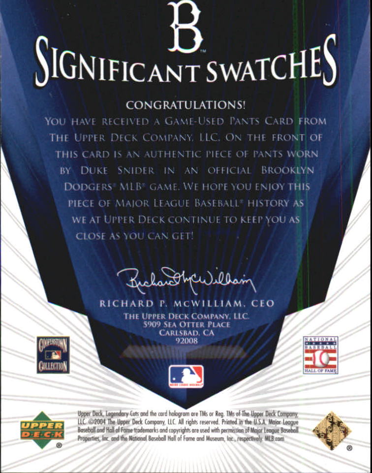 2004 SP Legendary Cuts Significant Swatches #SN Duke Snider Pants back image