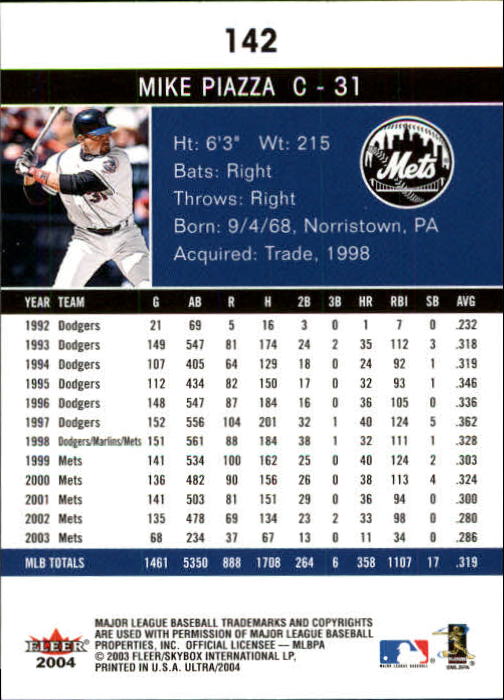 2004 Ultra #142 Mike Piazza back image