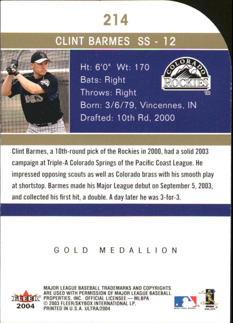 2004 Ultra Gold Medallion #214 Clint Barmes AR back image