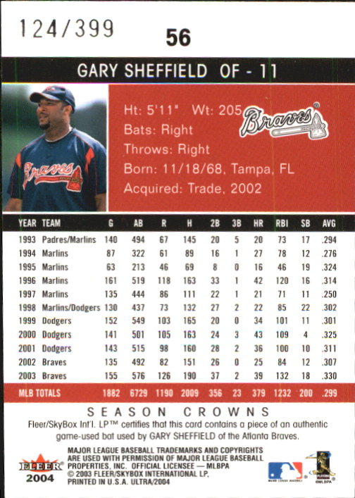 2004 Ultra Season Crowns Game Used #56 Gary Sheffield Bat back image