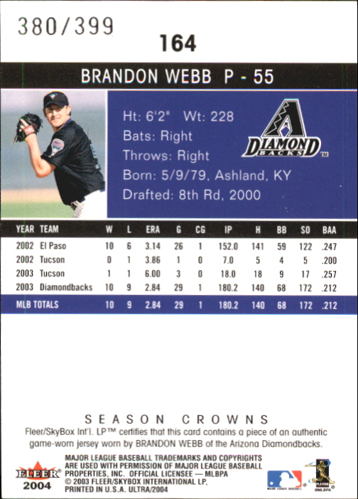 2004 Ultra Season Crowns Game Used #164 Brandon Webb Jsy back image