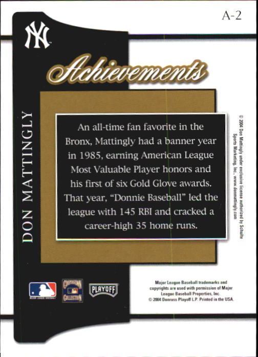 2004 Playoff Prestige Achievements #2 Don Mattingly 85 MVP back image