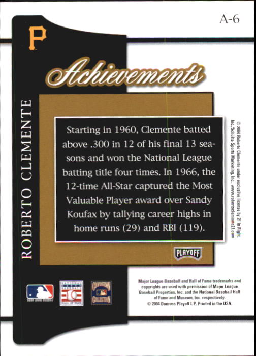 2004 Playoff Prestige Achievements #6 Roberto Clemente 66 MVP back image