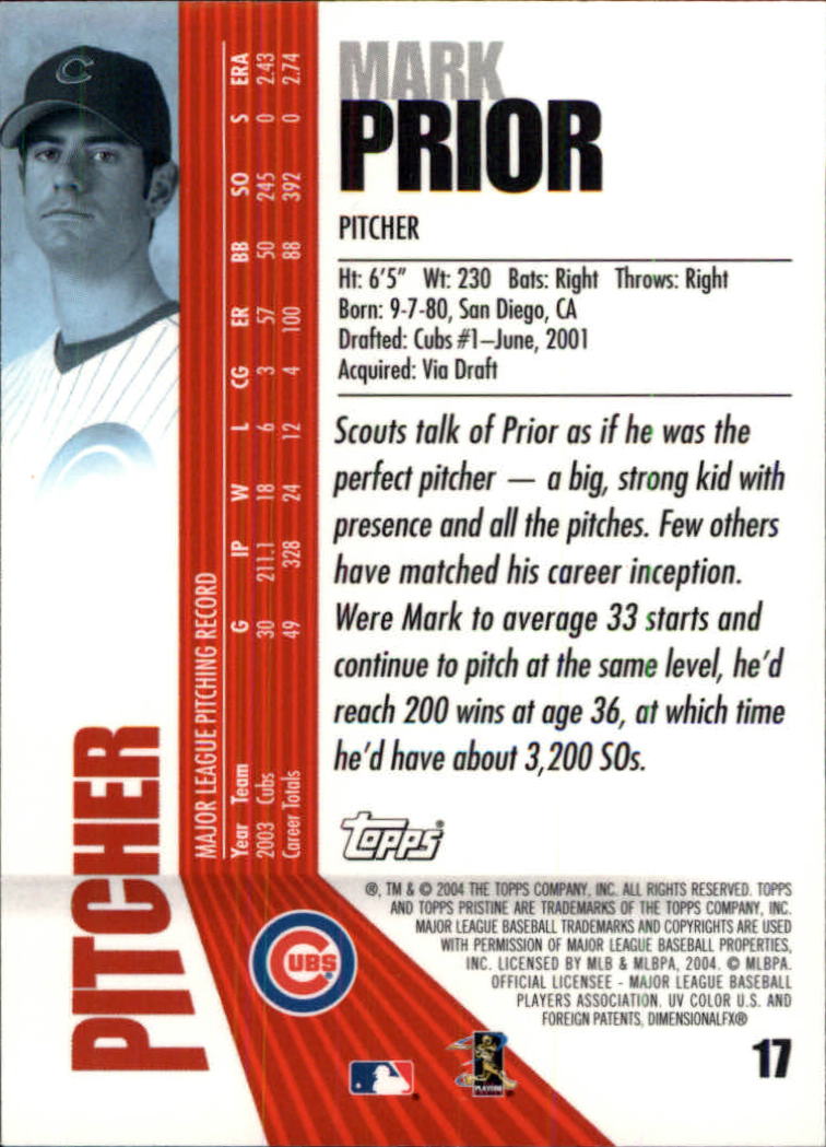 2004 Topps Pristine #17 Mark Prior back image