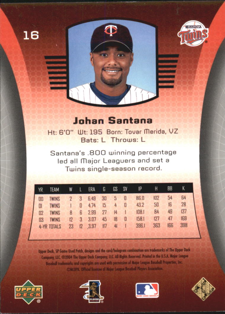 2004 SP Game Used Patch #16 Johan Santana back image