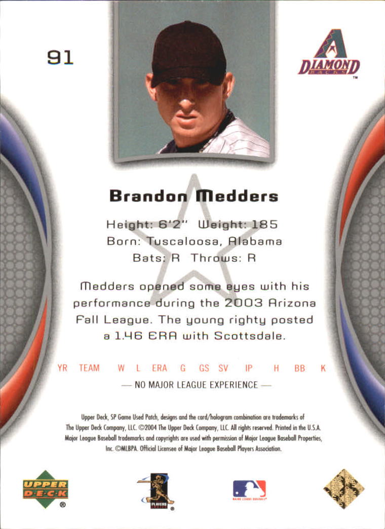 2004 SP Game Used Patch #91 Brandon Medders RD RC back image