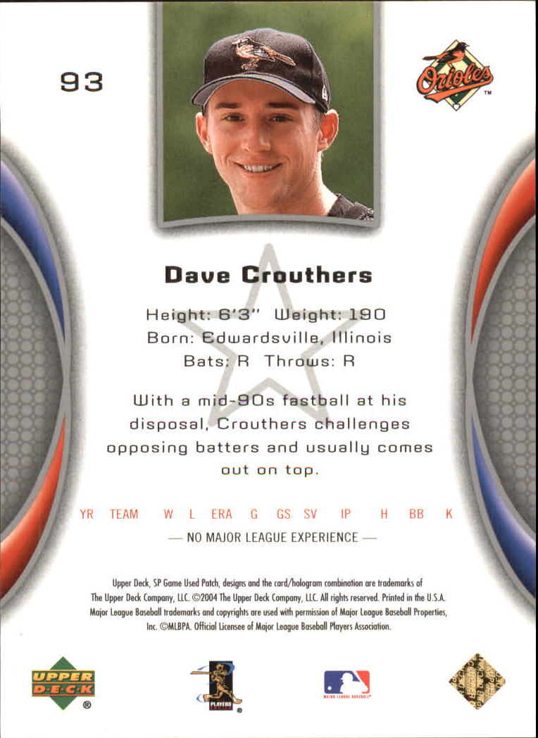 2004 SP Game Used Patch #93 Dave Crouthers RD RC back image