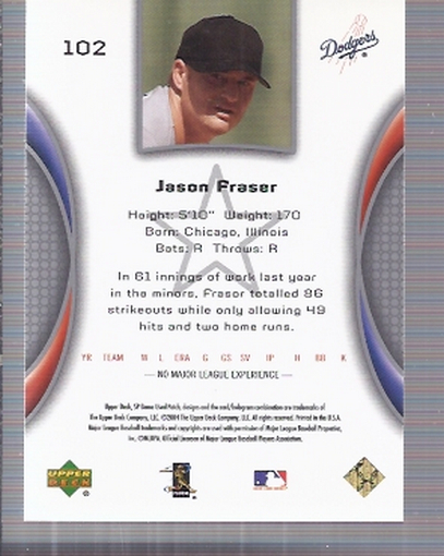 2004 SP Game Used Patch #102 Jason Frasor RD RC back image