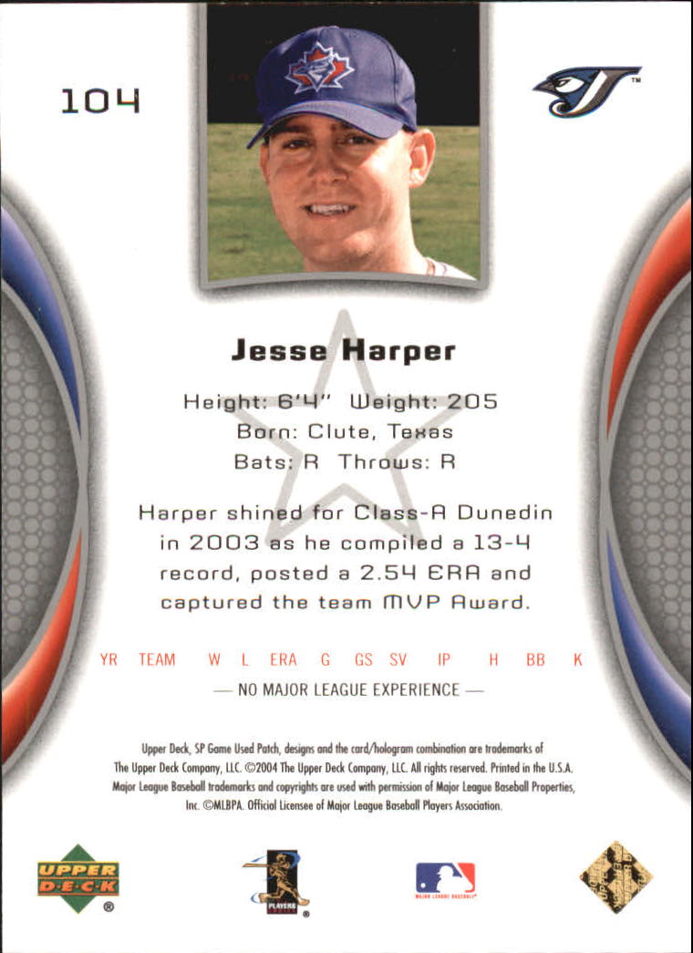 2004 SP Game Used Patch #104 Jesse Harper RD RC back image