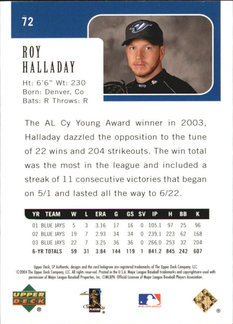 2004 SP Authentic 499/249 #72 Roy Halladay back image