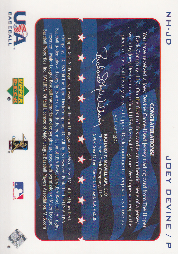 2004 SP Prospects National Honors USA Jersey #JD Joey Devine back image