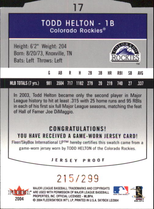 2004 SkyBox LE Jersey Proof #17 Todd Helton back image