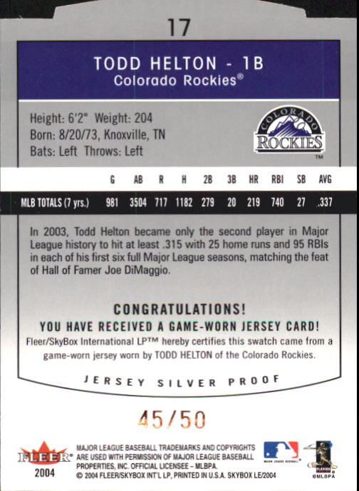 2004 SkyBox LE Jersey Proof Silver #17 Todd Helton back image