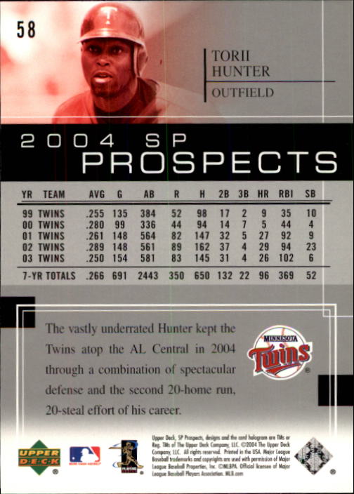 2004 SP Prospects #58 Torii Hunter back image