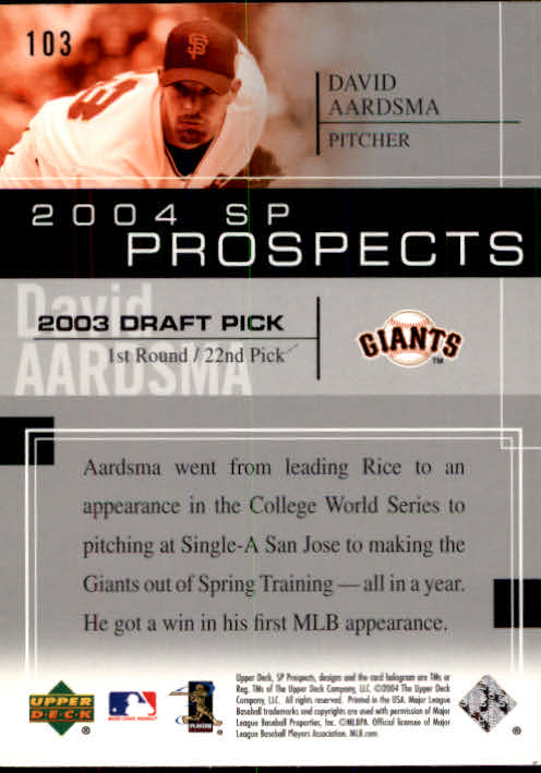 2004 SP Prospects #103 David Aardsma RC back image