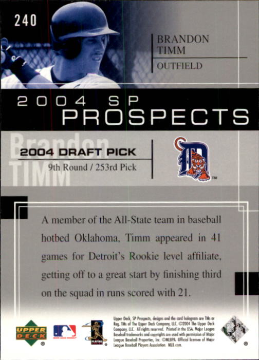2004 SP Prospects #240 Brandon Timm RC back image