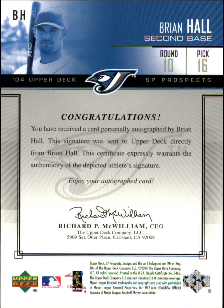 2004 SP Prospects Autograph Bonus #BH Brian Hall/400 back image