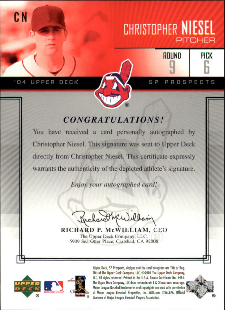 2004 SP Prospects Autograph Bonus #CN Christopher Niesel/475 back image