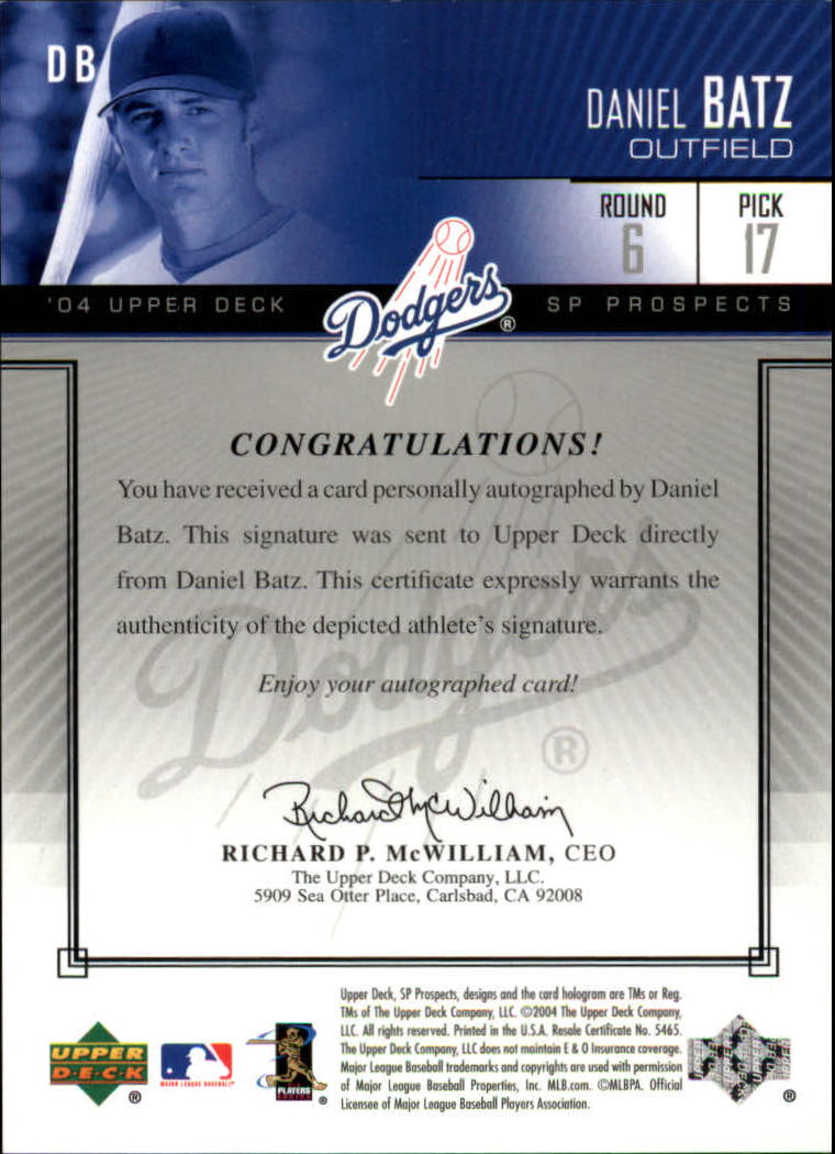 2004 SP Prospects Autograph Bonus #DB Daniel Batz/400 back image