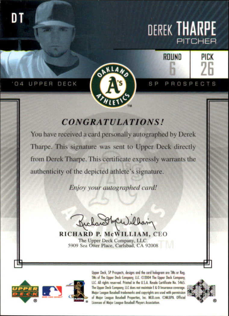 2004 SP Prospects Autograph Bonus #DT Derek Tharpe/400 back image