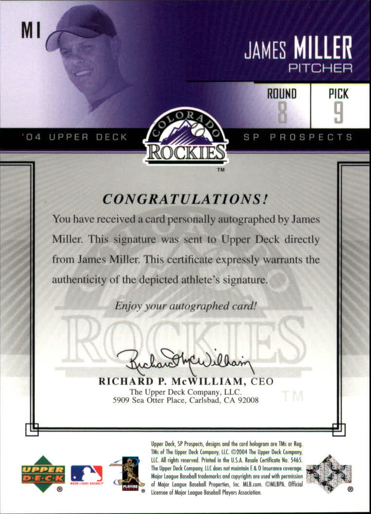 2004 SP Prospects Autograph Bonus #MI James Miller/475 back image