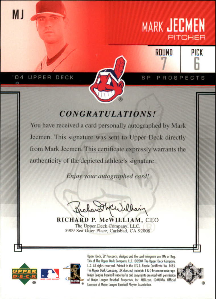 2004 SP Prospects Autograph Bonus #MJ Mark Jecmen/600 back image