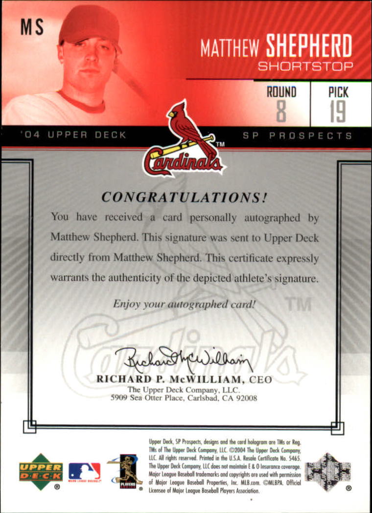 2004 SP Prospects Autograph Bonus #MS Matthew Shepherd/400 back image
