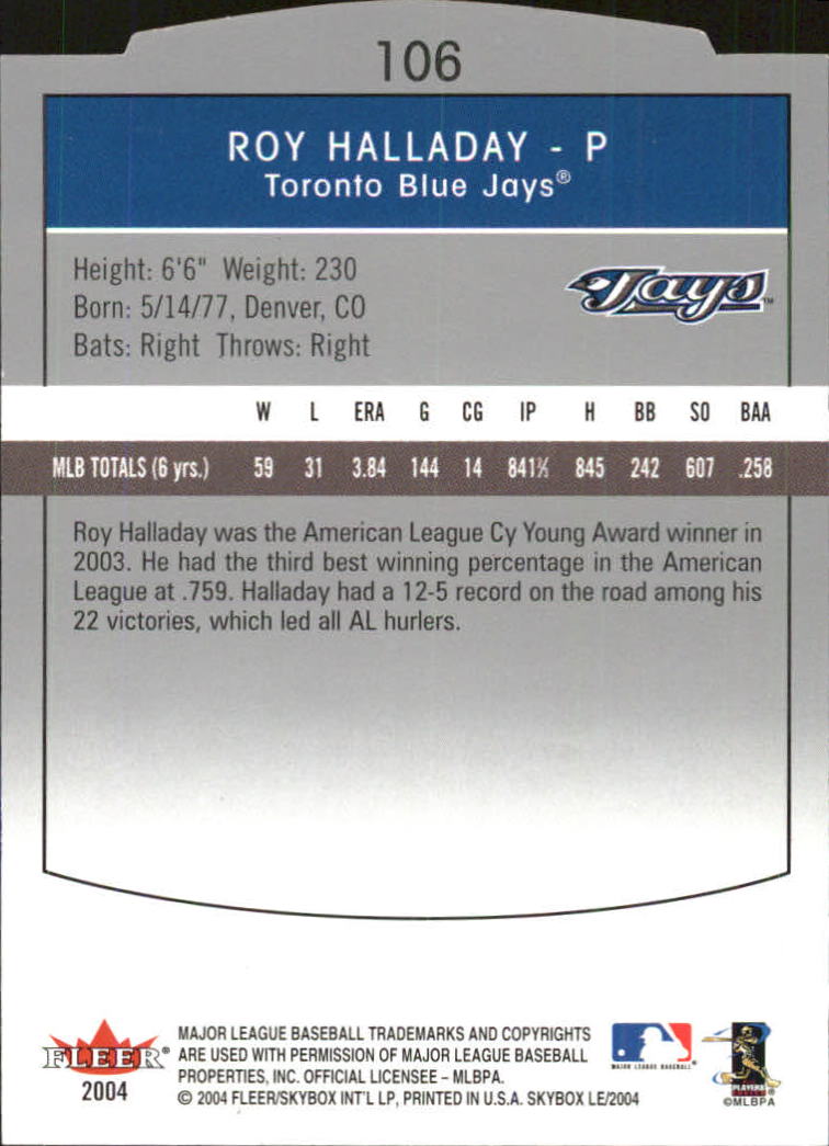 2004 SkyBox LE #106 Roy Halladay back image