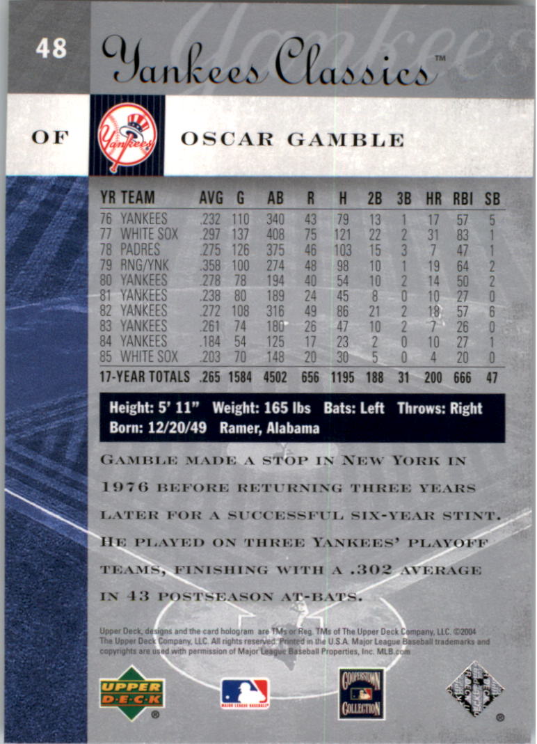 2004 UD Yankees Classics #48 Oscar Gamble back image