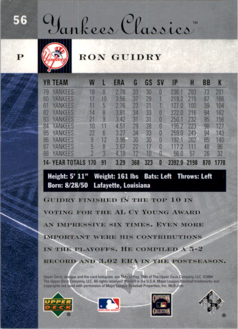 2004 UD Yankees Classics #56 Ron Guidry back image
