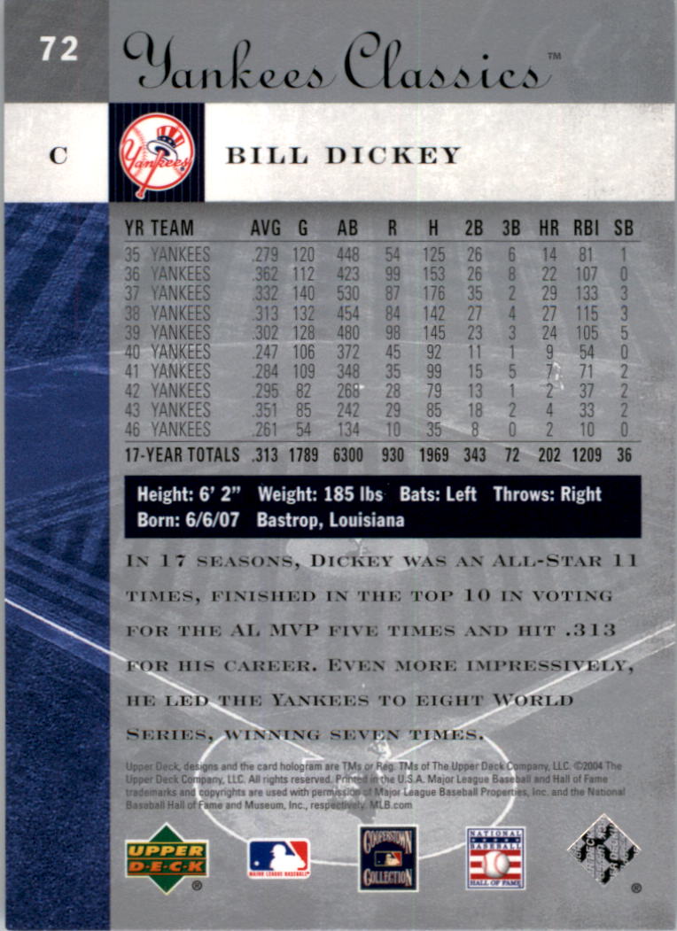 2004 UD Yankees Classics #72 Bill Dickey back image