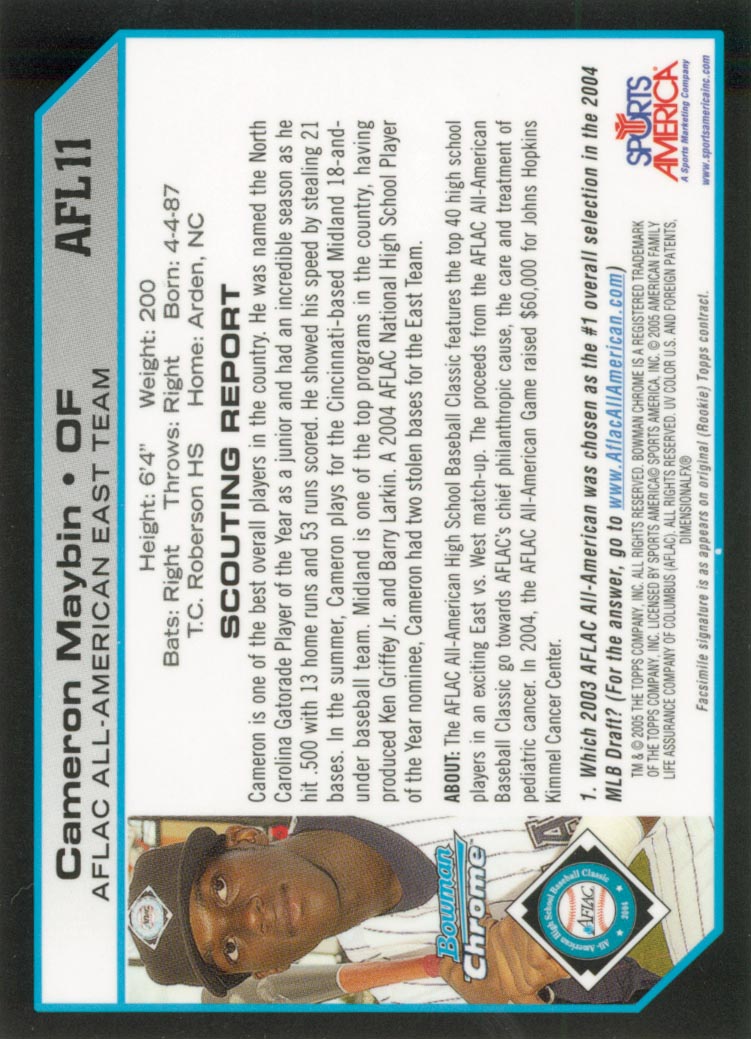 2004 Bowman Chrome Draft AFLAC #11 Cameron Maybin back image
