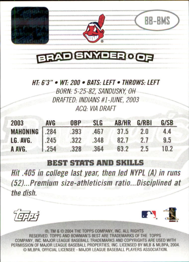 2004 Bowman's Best #BMS Brad Snyder FY AU RC back image