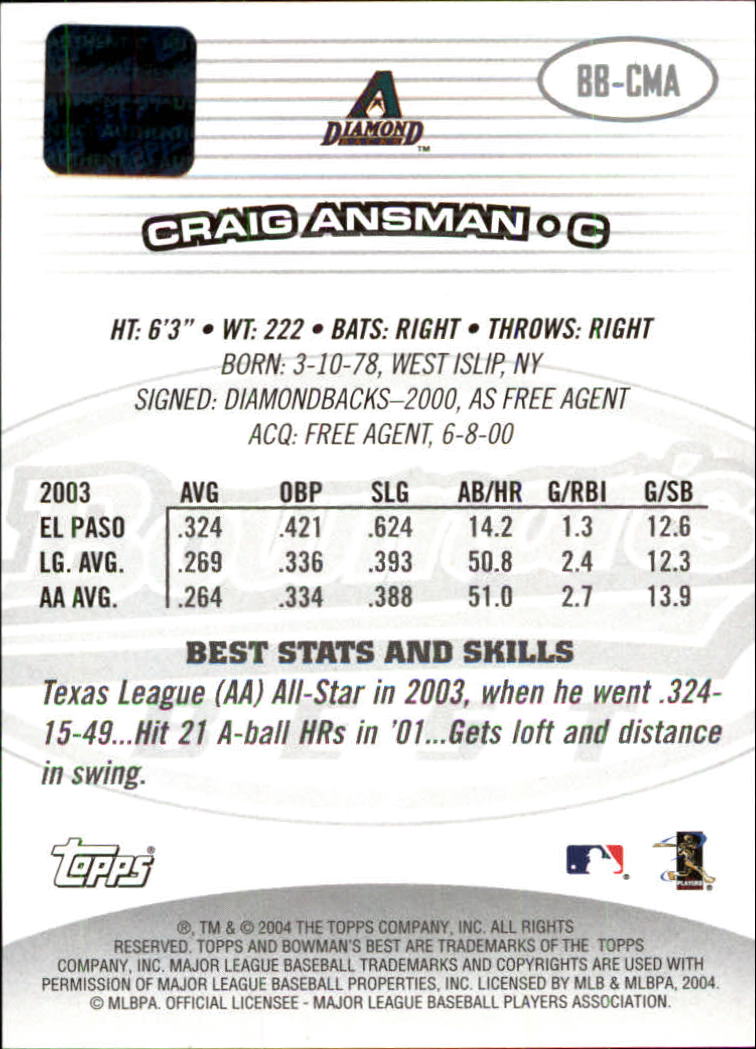 2004 Bowman's Best #CMA Craig Ansman FY AU RC back image